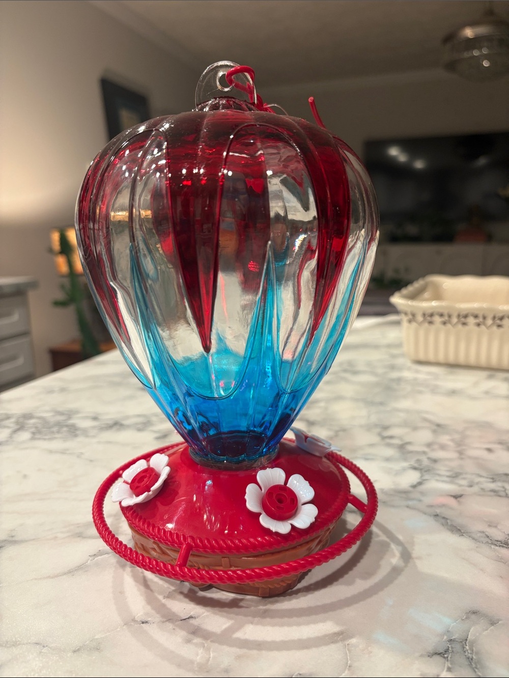 Hand-Blown Red & Blue Glass Hummingbird Feeder - Royal Wing